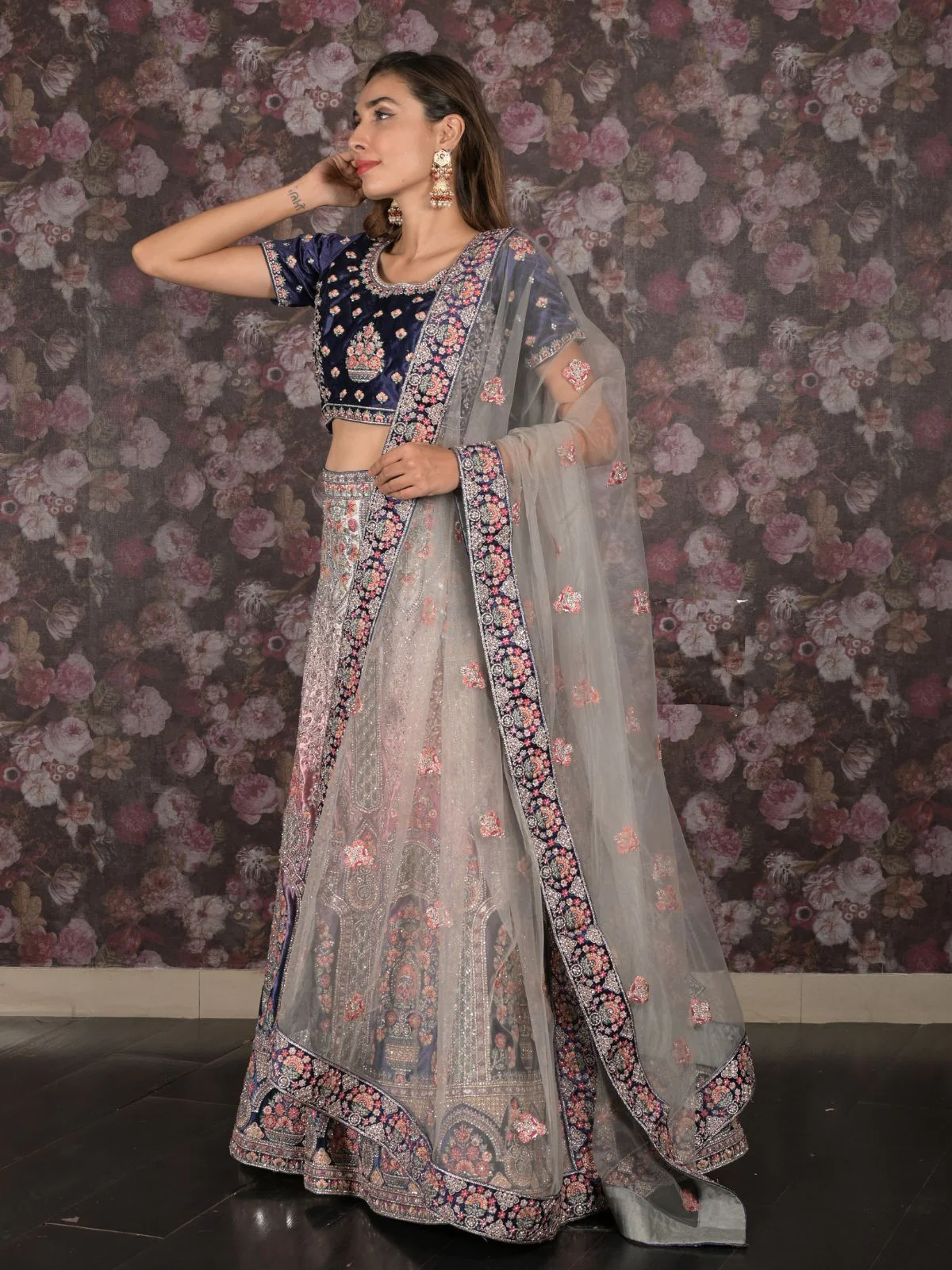 Odette Navy Blue Velvet Heavy Embroidered Semi Stitched Bridal Lehenga Set With Dupatta And Stitched Blouse For Women - Image 3