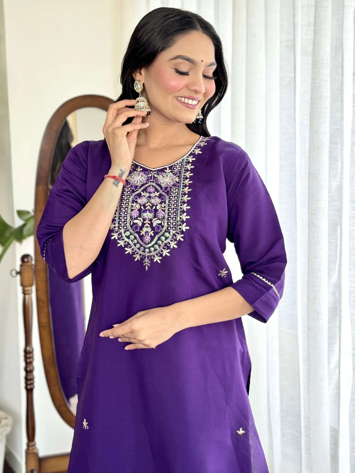 Odette Navy Blue Viscose Embroidered Stitched Kurta Set For Women - Image 5