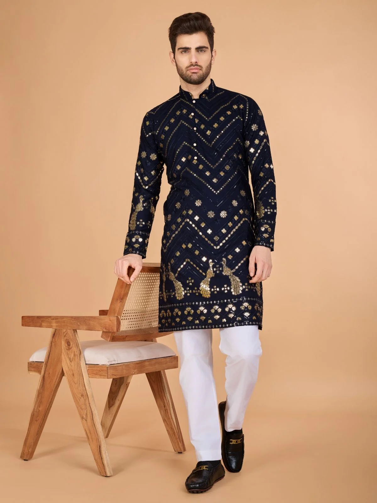 Odette Navy Blue Viscose Rayon Embroidered Stitched Kurta For Men - Image 2