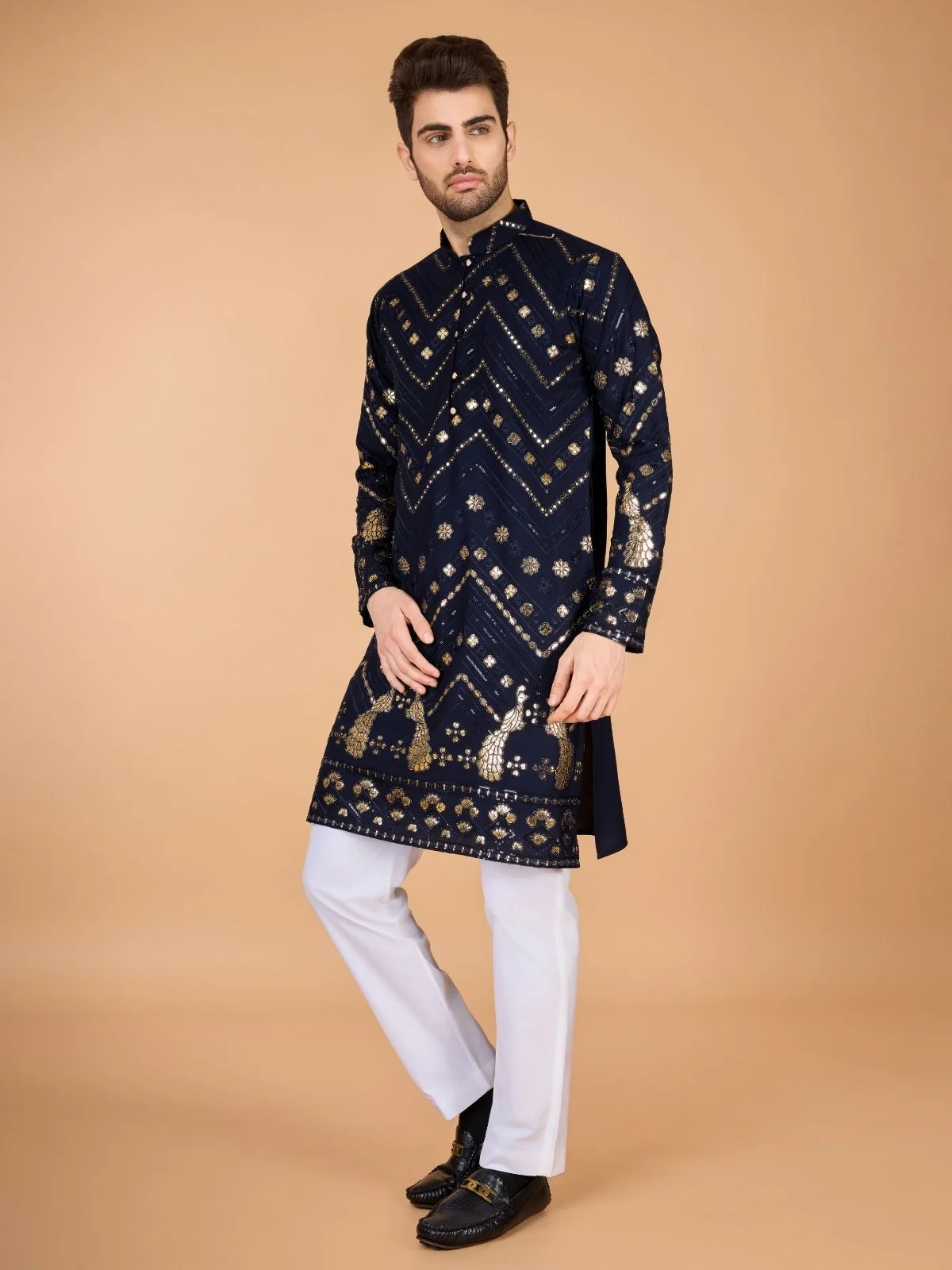 Odette Navy Blue Viscose Rayon Embroidered Stitched Kurta For Men - Image 3