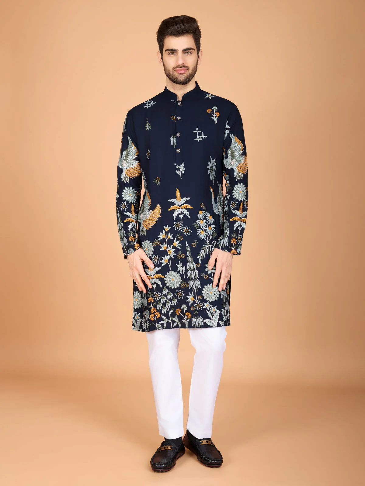 Odette Navy Blue Viscose Rayon Stitched Kurta For Men - Image 2