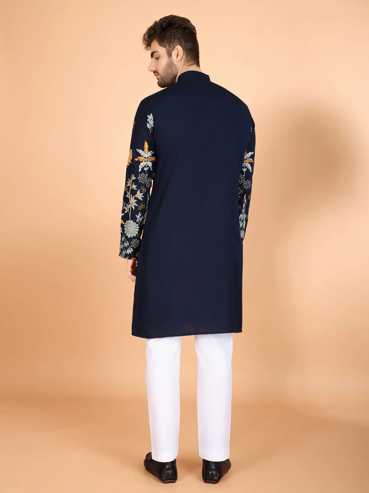 Odette Navy Blue Viscose Rayon Stitched Kurta For Men - Image 5