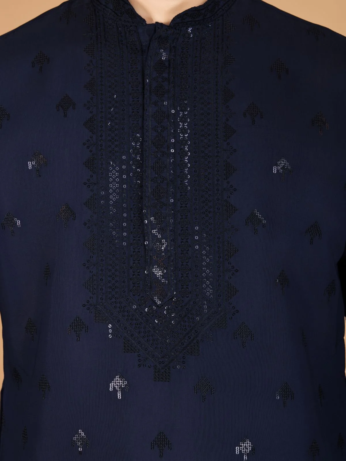 Odette Navy Blue Viscose Silk Sequence Stitched Kurta For Men - Image 5