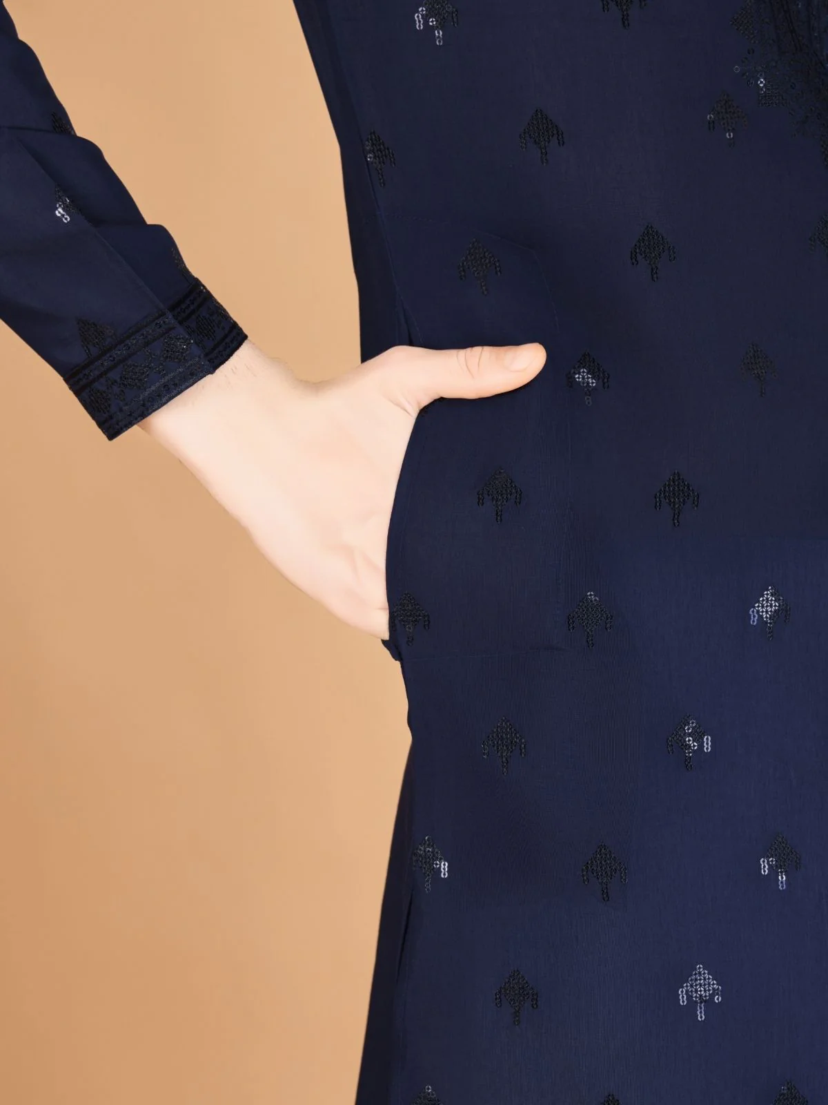 Odette Navy Blue Viscose Silk Sequence Stitched Kurta For Men - Image 6