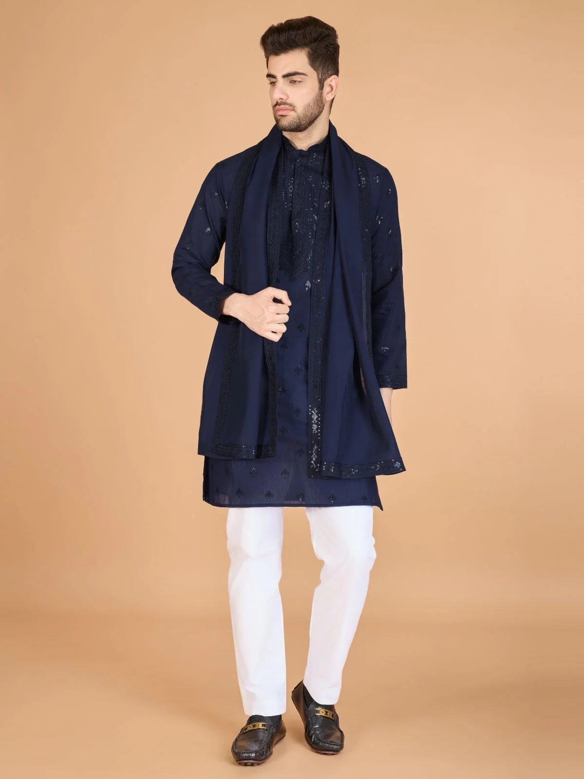 Odette Navy Blue Viscose Silk Sequence Stitched Kurta For Men - Image 8
