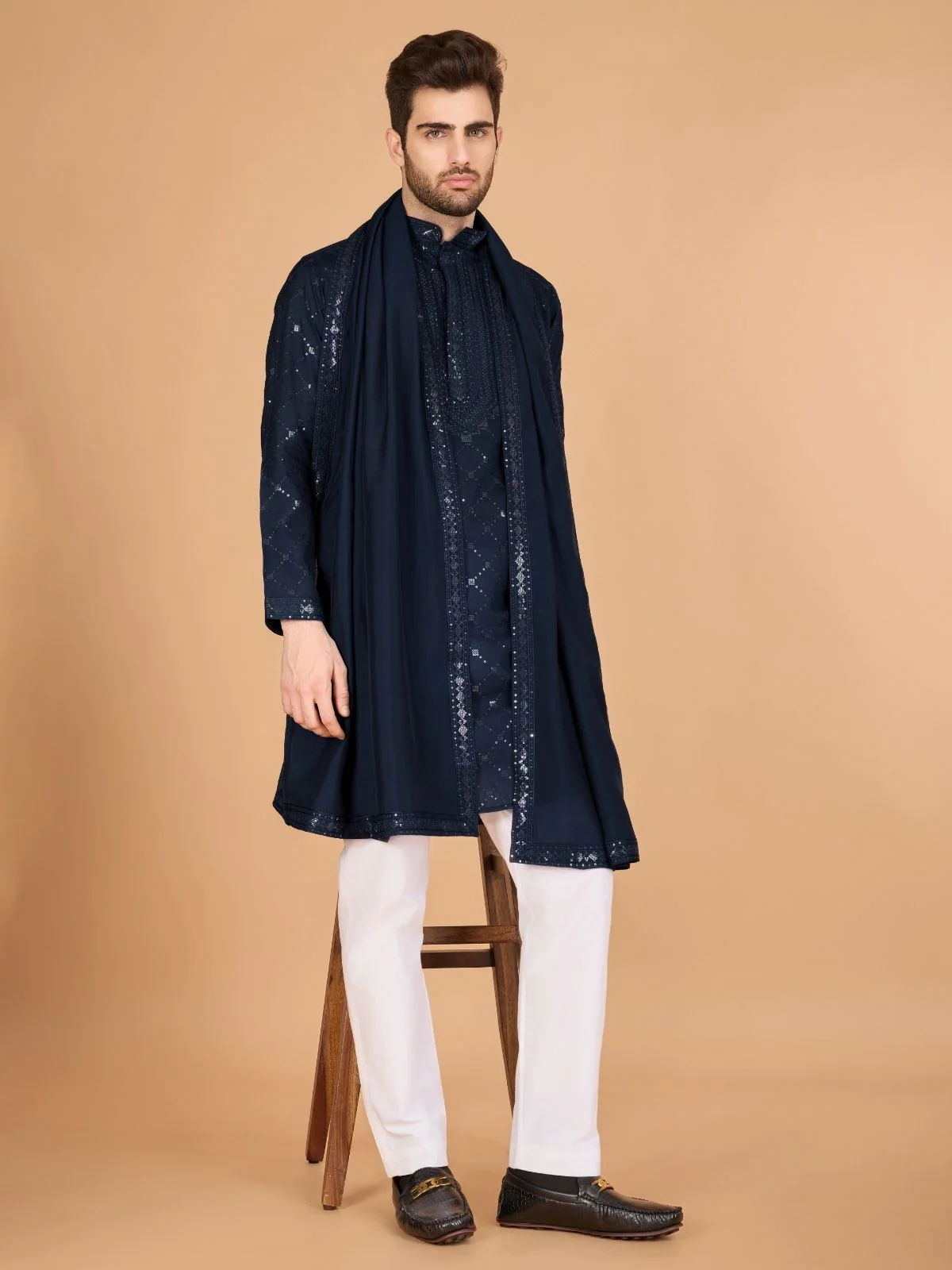 Odette Navy Blue Viscose Silk Sequins Stitched Kurta For Men - Image 3