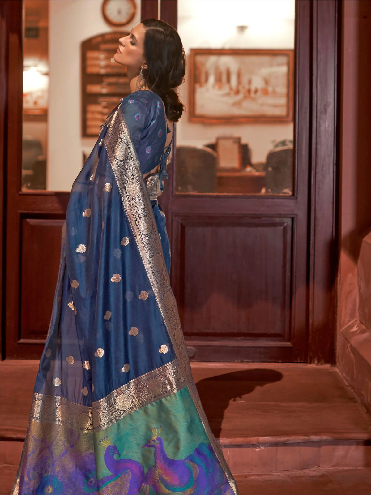 Odette Navy Blue Woven Design Silk Blend Saree With Unstitched Blouse For Women - Image 3