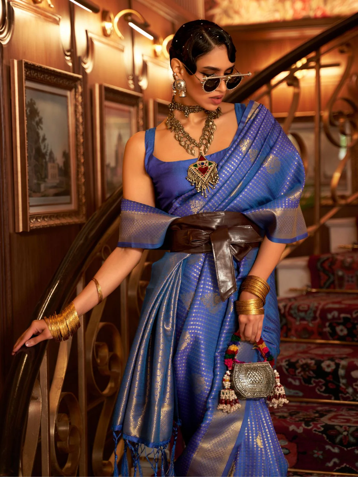 Odette Navy Blue Woven Design Silk Blend Saree With Unstitched Blouse For Women - Image 2
