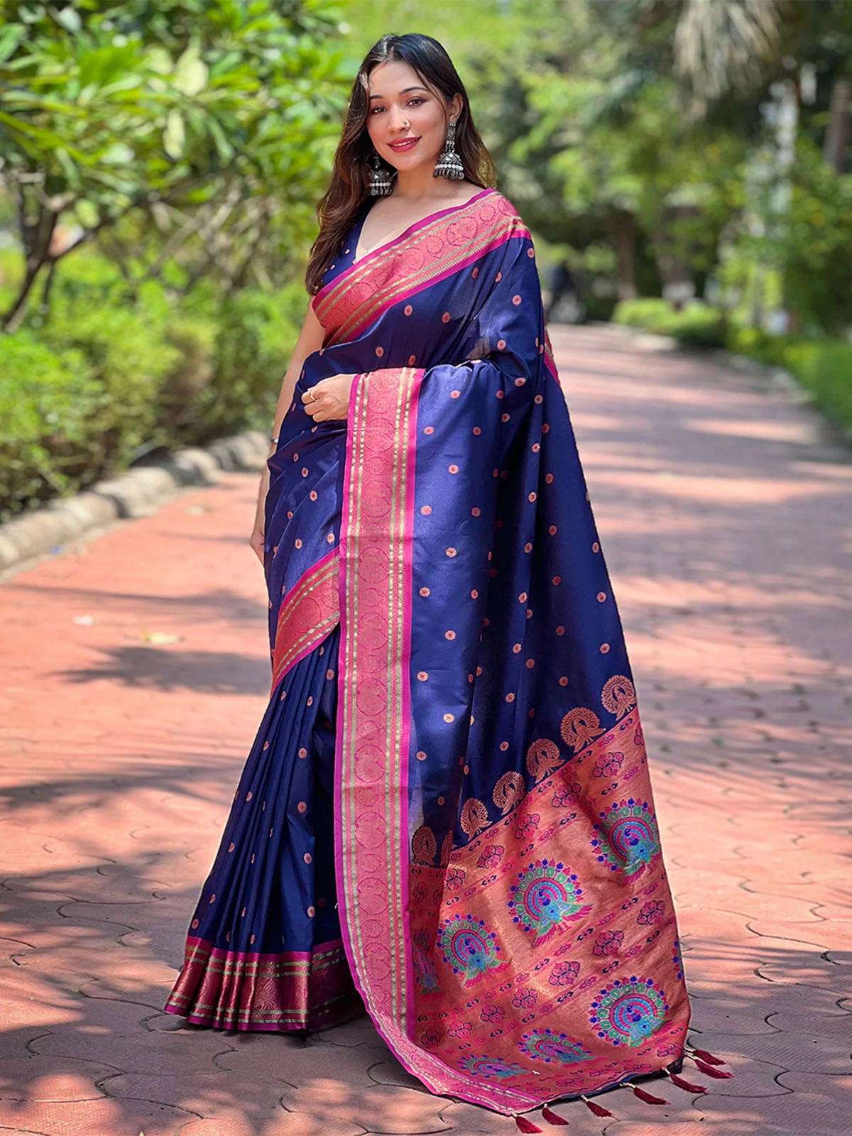 Odette Navy Blue Woven Design Silk Blend Saree With Unstitched Blouse For Women