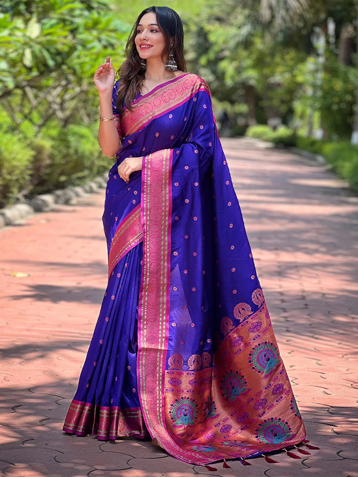 Odette Navy Blue Woven Design Silk Blend Saree With Unstitched Blouse For Women