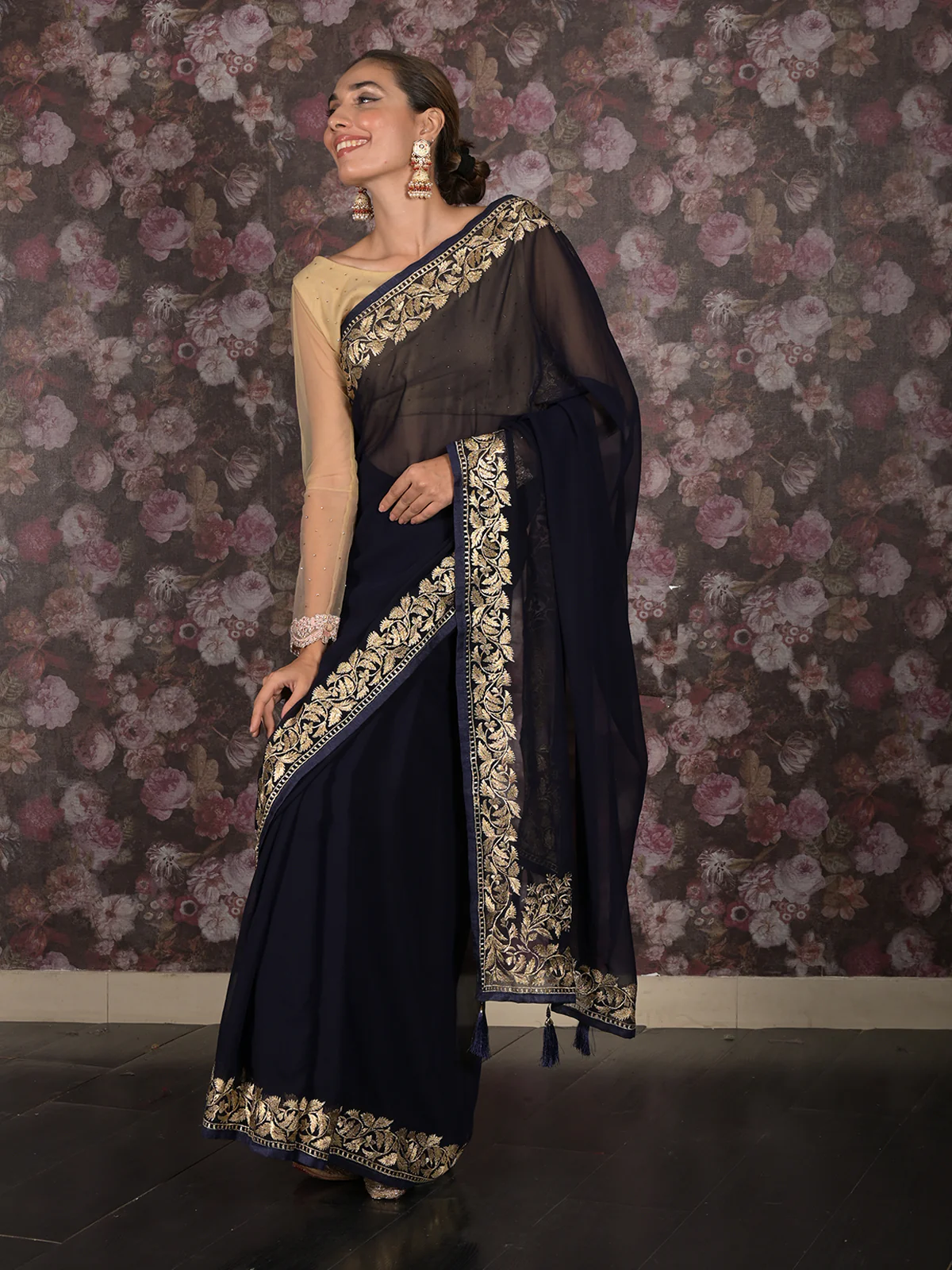 Odette Navy Blue Zari Embroidered Georgette Saree with Stitched Blouse for Women - Image 2
