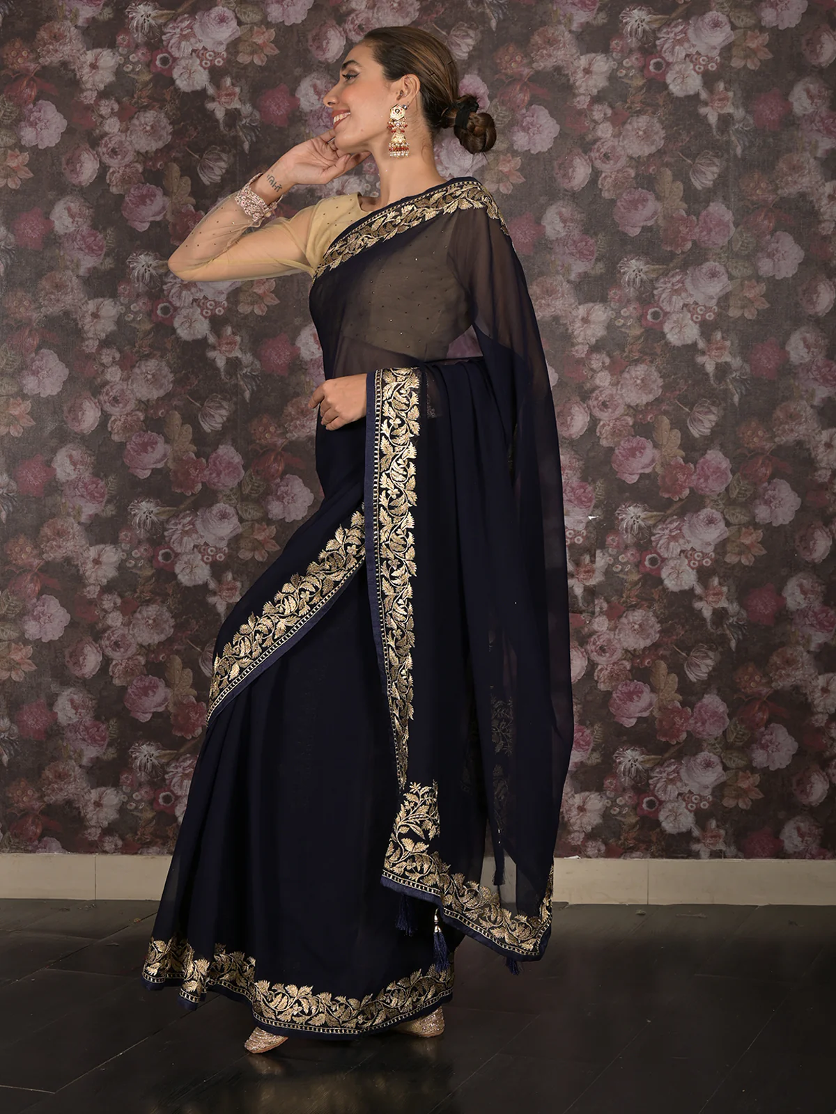 Odette Navy Blue Zari Embroidered Georgette Saree with Stitched Blouse for Women - Image 5