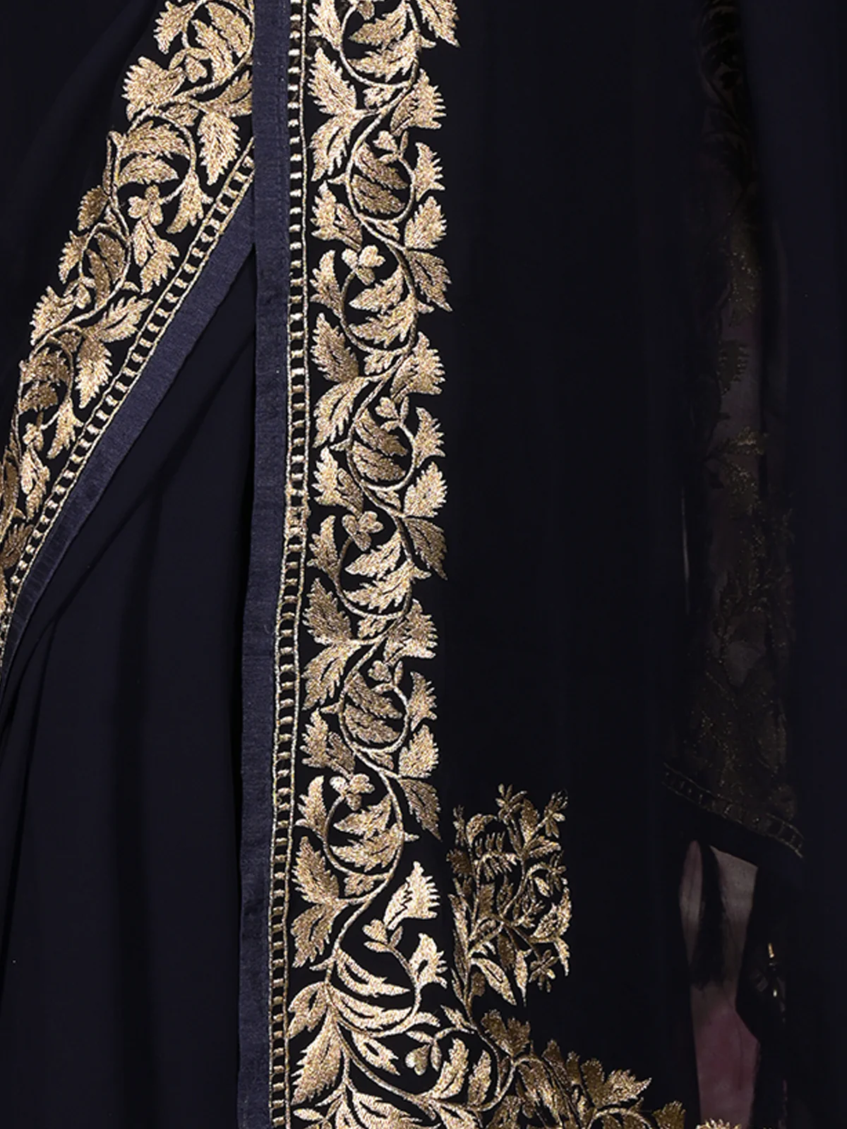 Odette Navy Blue Zari Embroidered Georgette Saree with Stitched Blouse for Women - Image 6