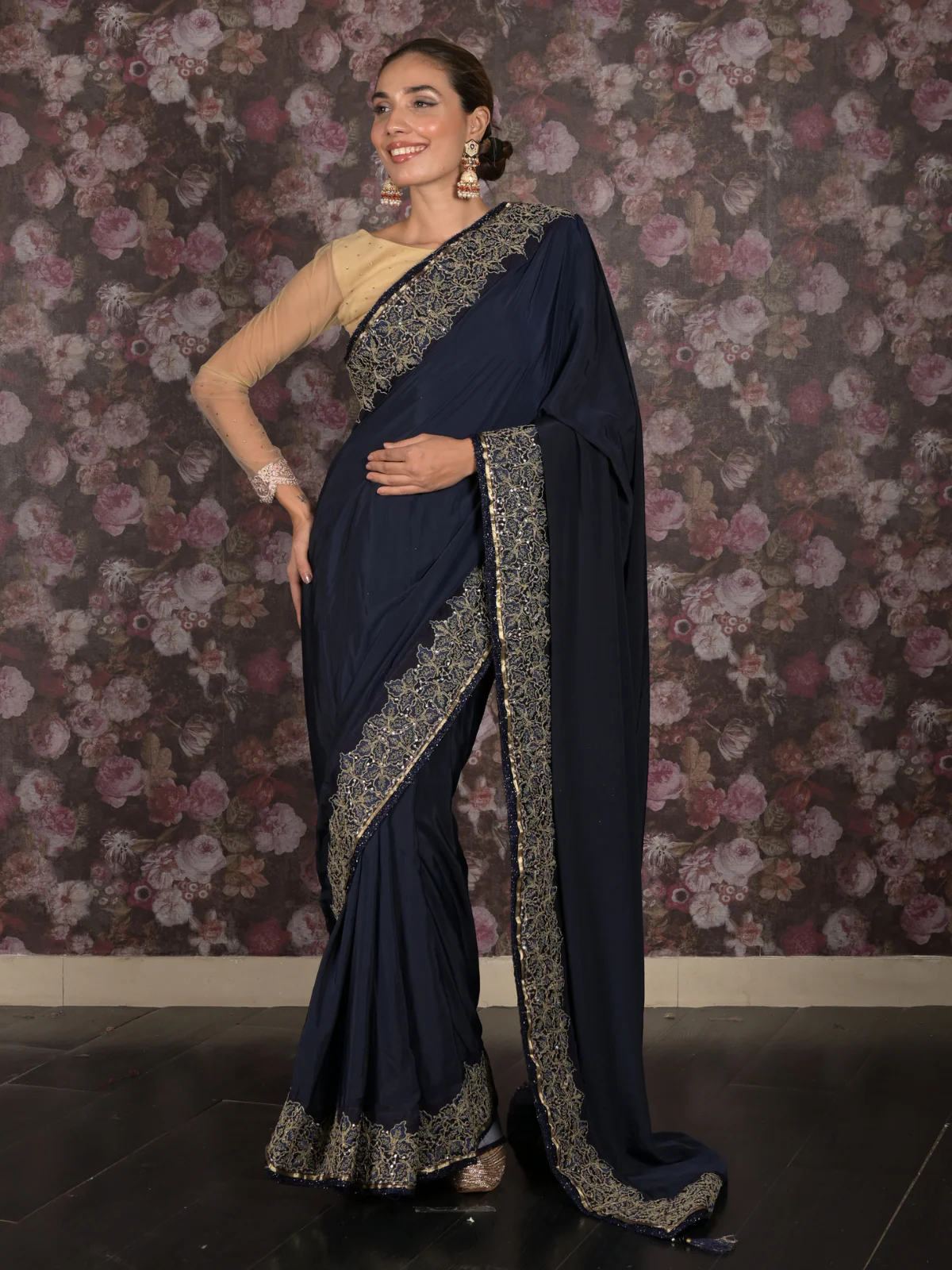 Odette Navy Blue Zari Embroidered Satin Saree with Unstitched Blouse for Women - Image 2