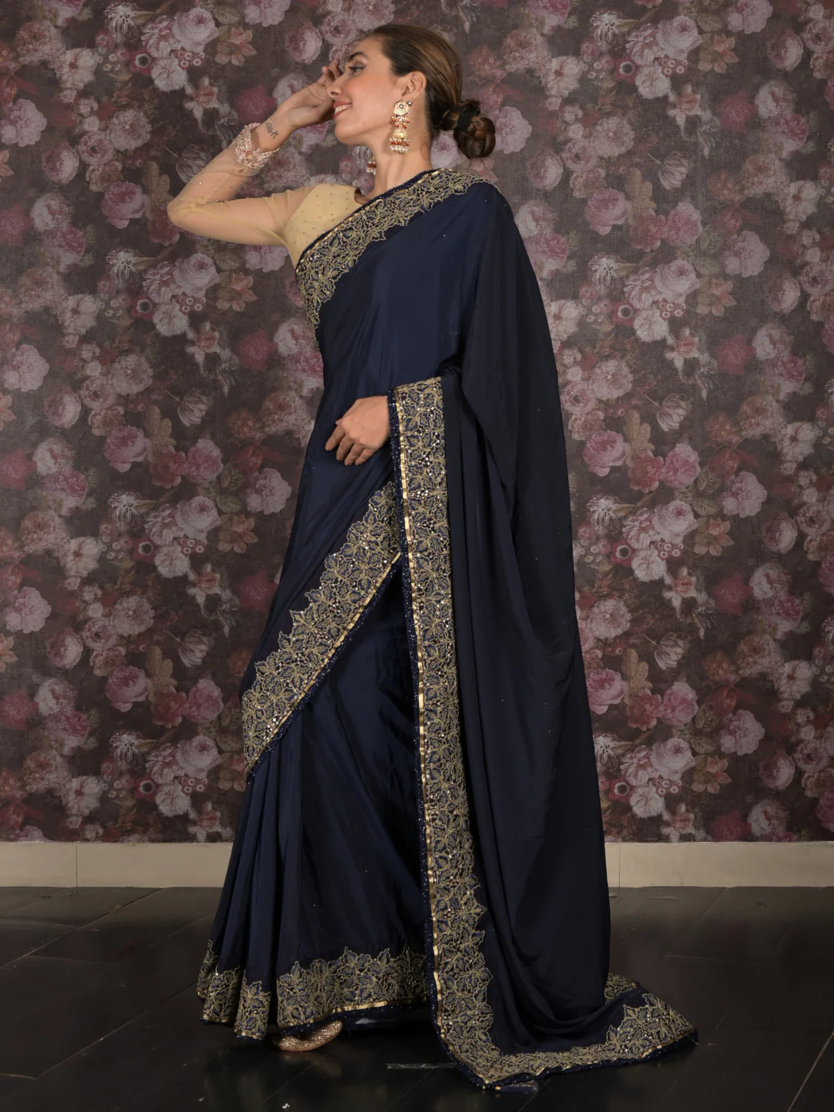 Odette Navy Blue Zari Embroidered Satin Saree with Unstitched Blouse for Women - Image 3