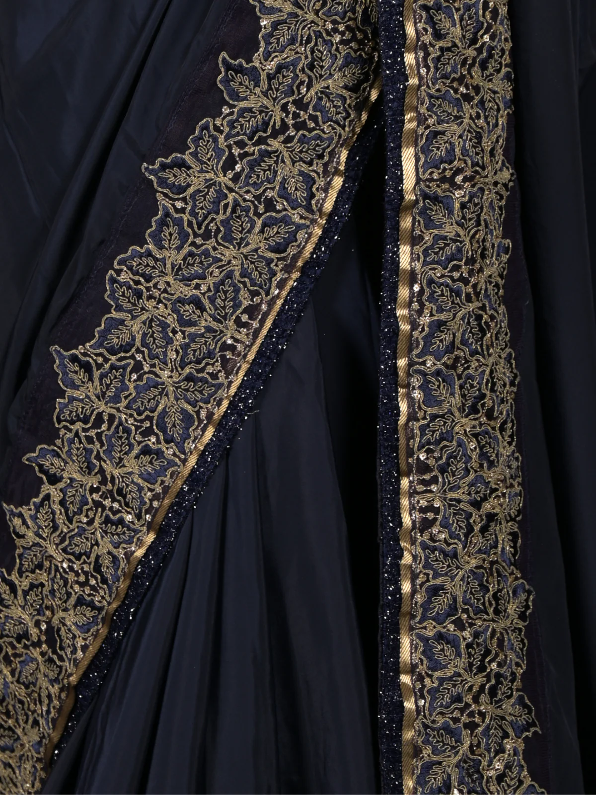 Odette Navy Blue Zari Embroidered Satin Saree with Unstitched Blouse for Women - Image 5