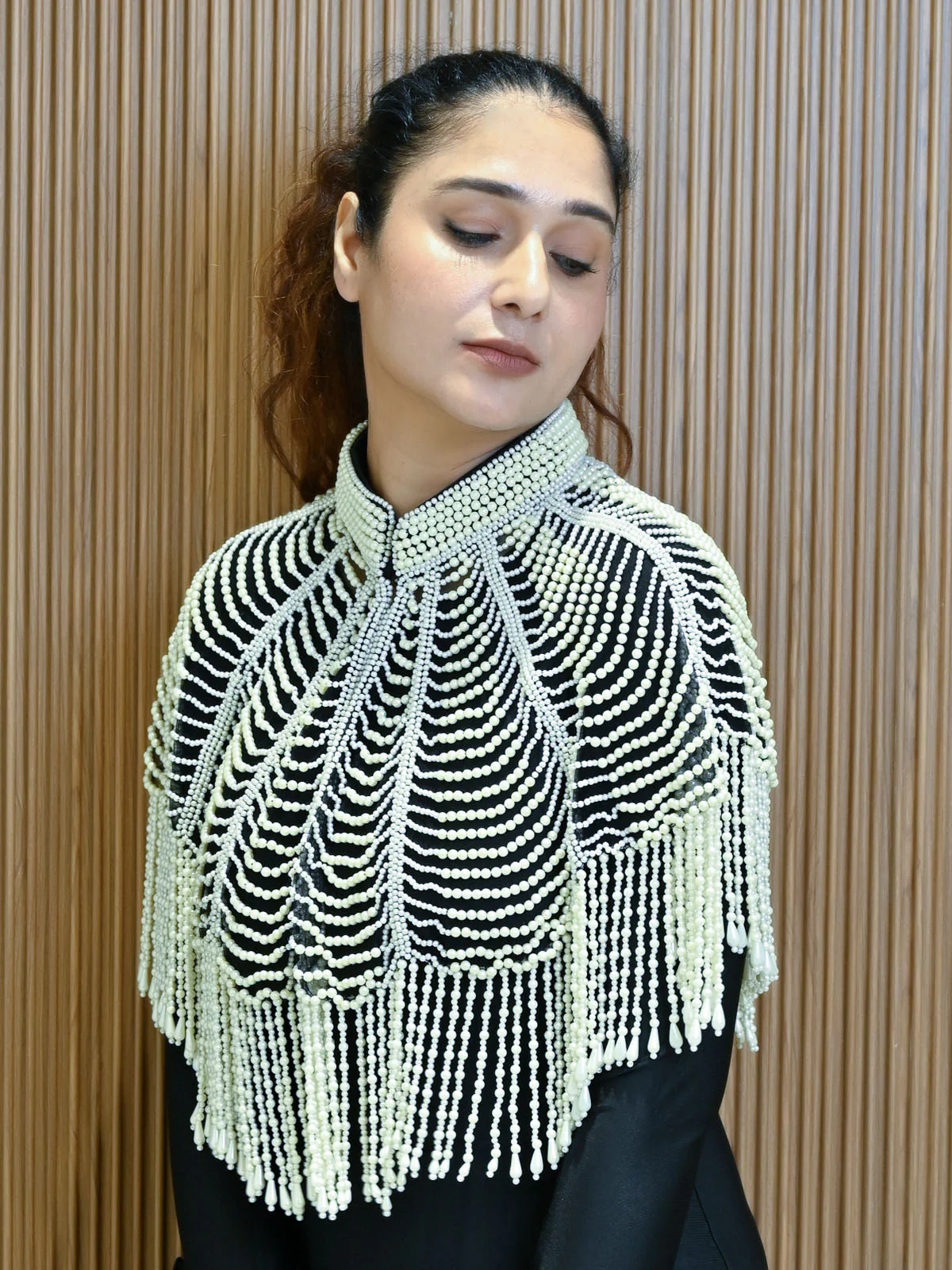 Odette Off White And Black Net Embellished Cape For Women - Image 2