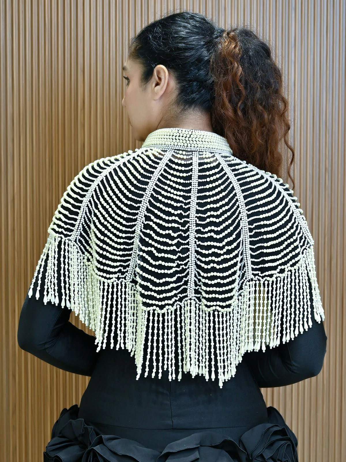 Odette Off White And Black Net Embellished Cape For Women - Image 3