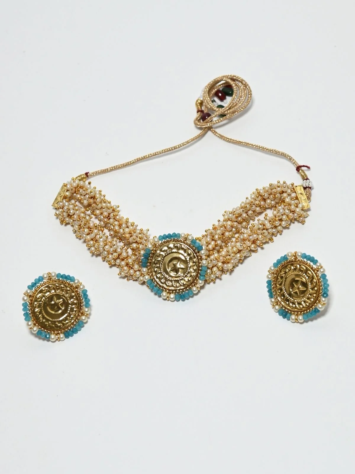 Odette Off White And Blue Alloy Beaded Pearl Jewellery Set For Women - Image 3