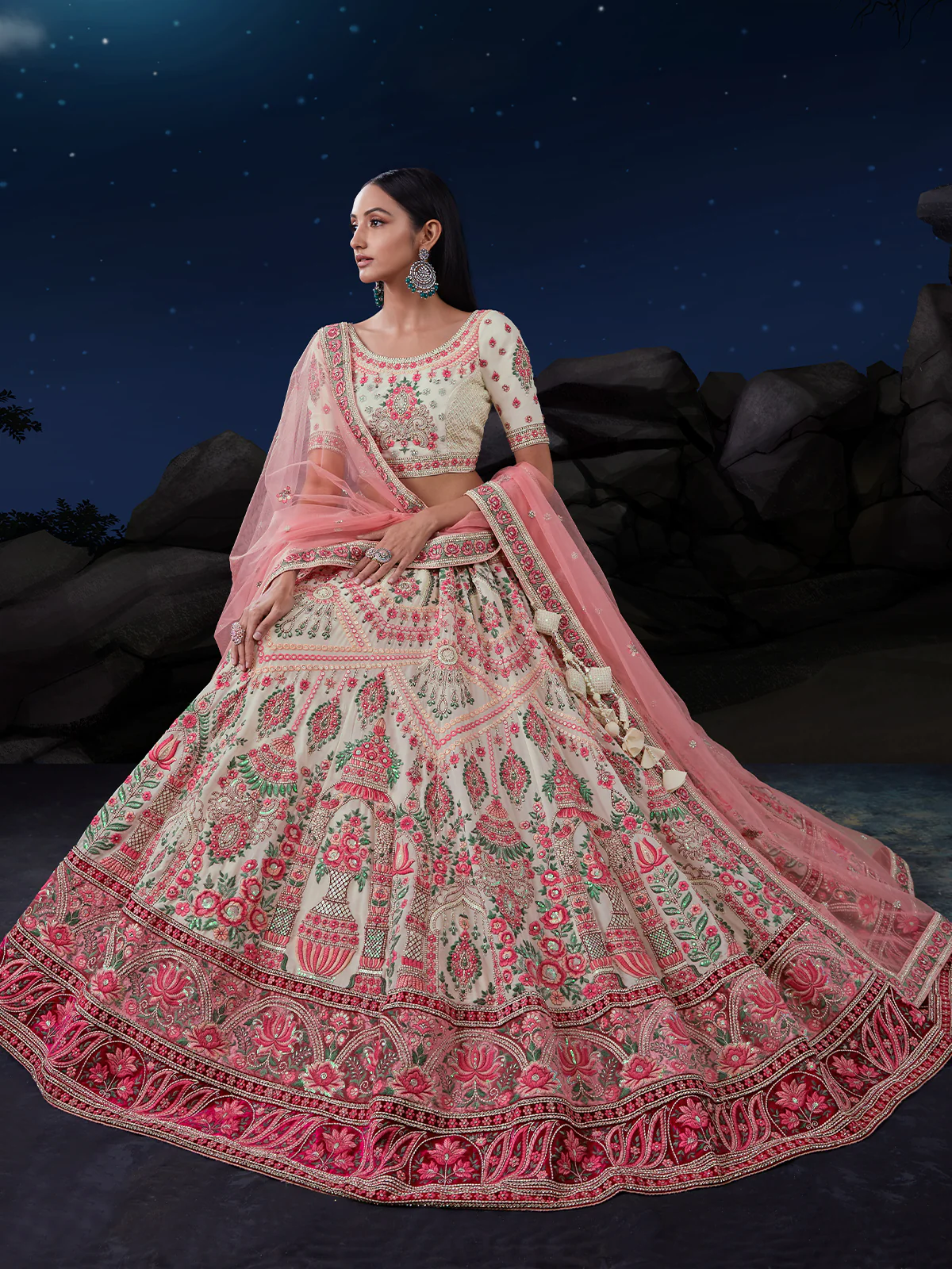 Odette Off White And Pink Embroidered Soft Net Semi Stitched Lehenga With Blouse For Women - Image 2