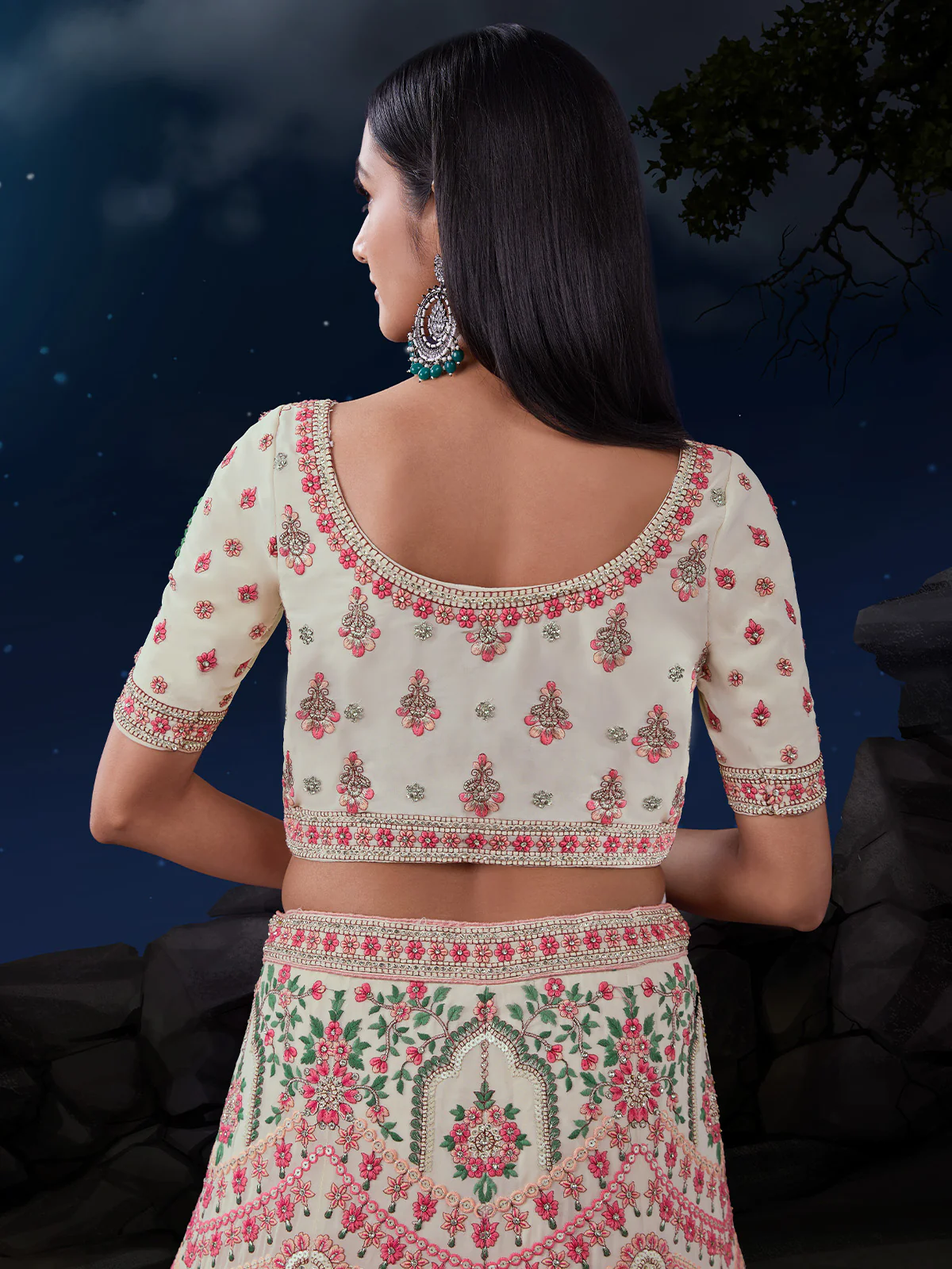 Odette Off White And Pink Embroidered Soft Net Semi Stitched Lehenga With Blouse For Women - Image 6