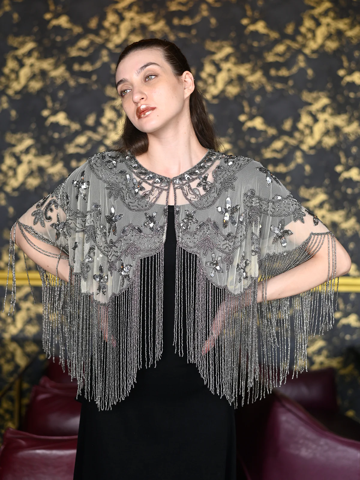 Odette Off White and Silver Tasseled Cape For Women - Image 2
