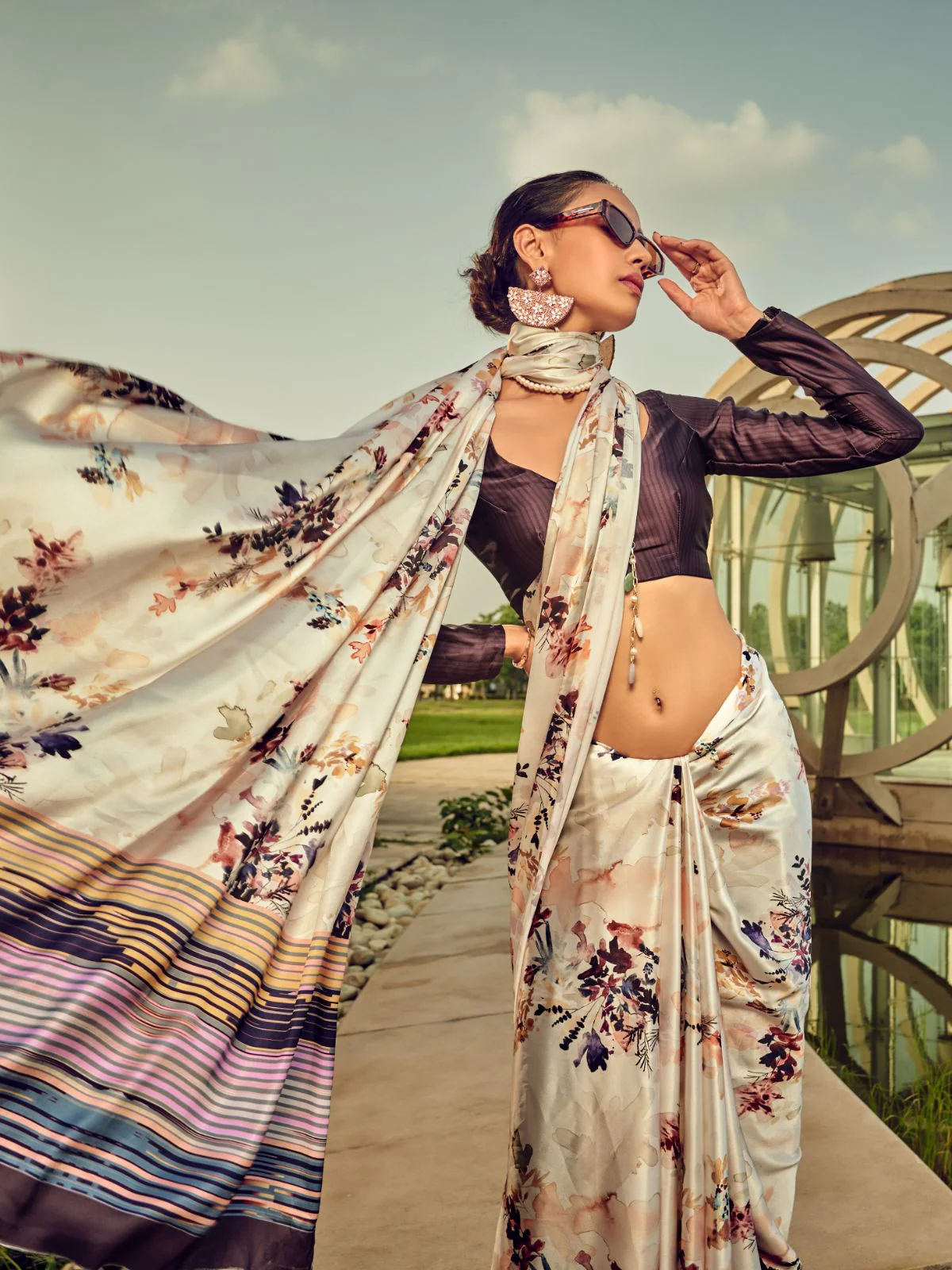 Odette Off White And Wine Satin Printed Saree With Unstitched Blouse For Women - Image 2