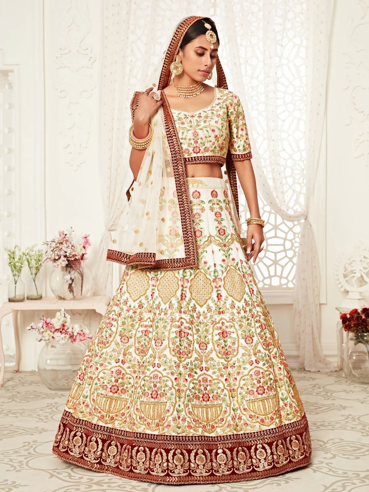 Odette Off White Art Silk Embroidered Semi Stitched Lehenga With Unstitched Blouse For Women - Image 2