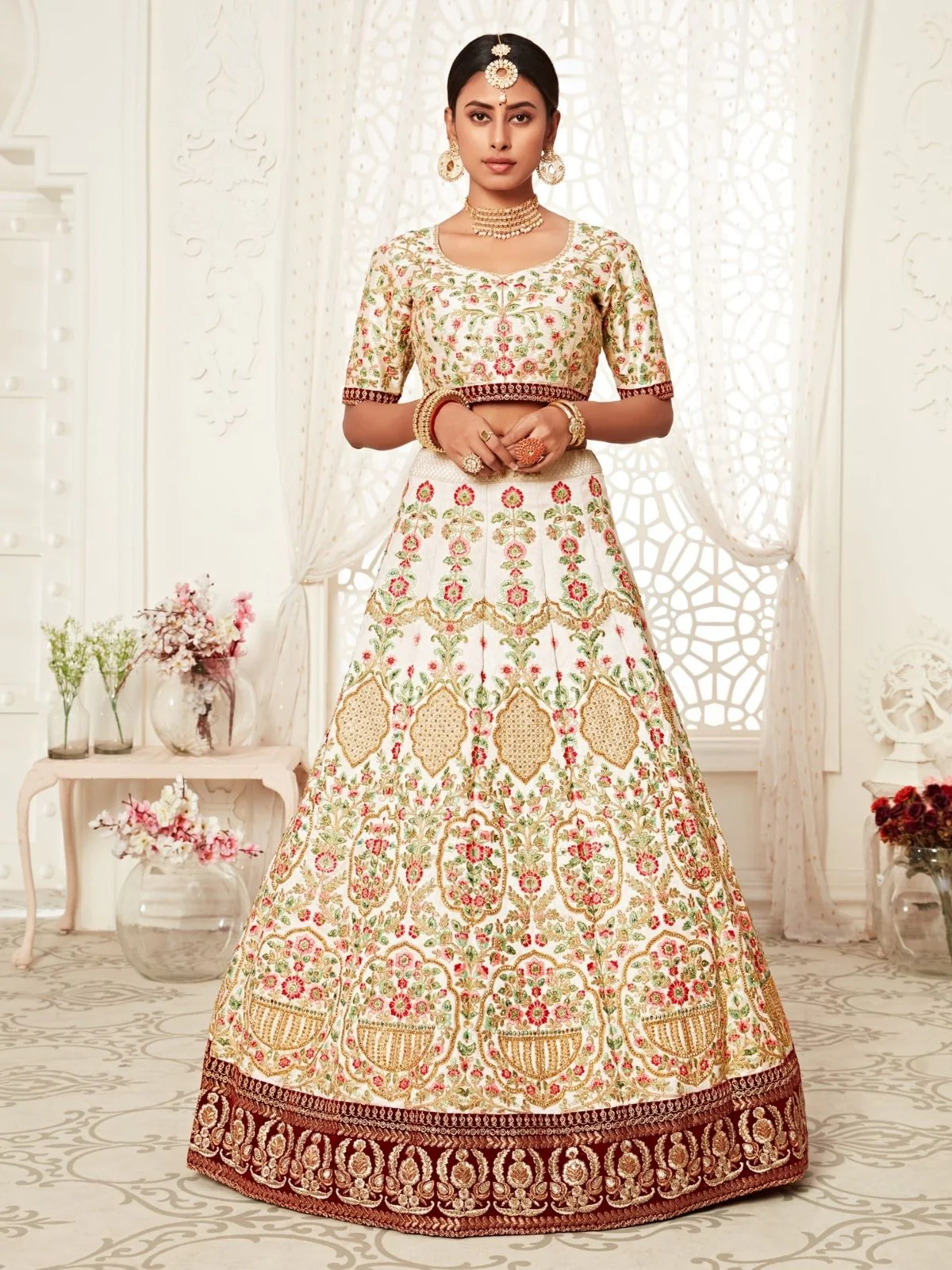 Odette Off White Art Silk Embroidered Semi Stitched Lehenga With Unstitched Blouse For Women - Image 3