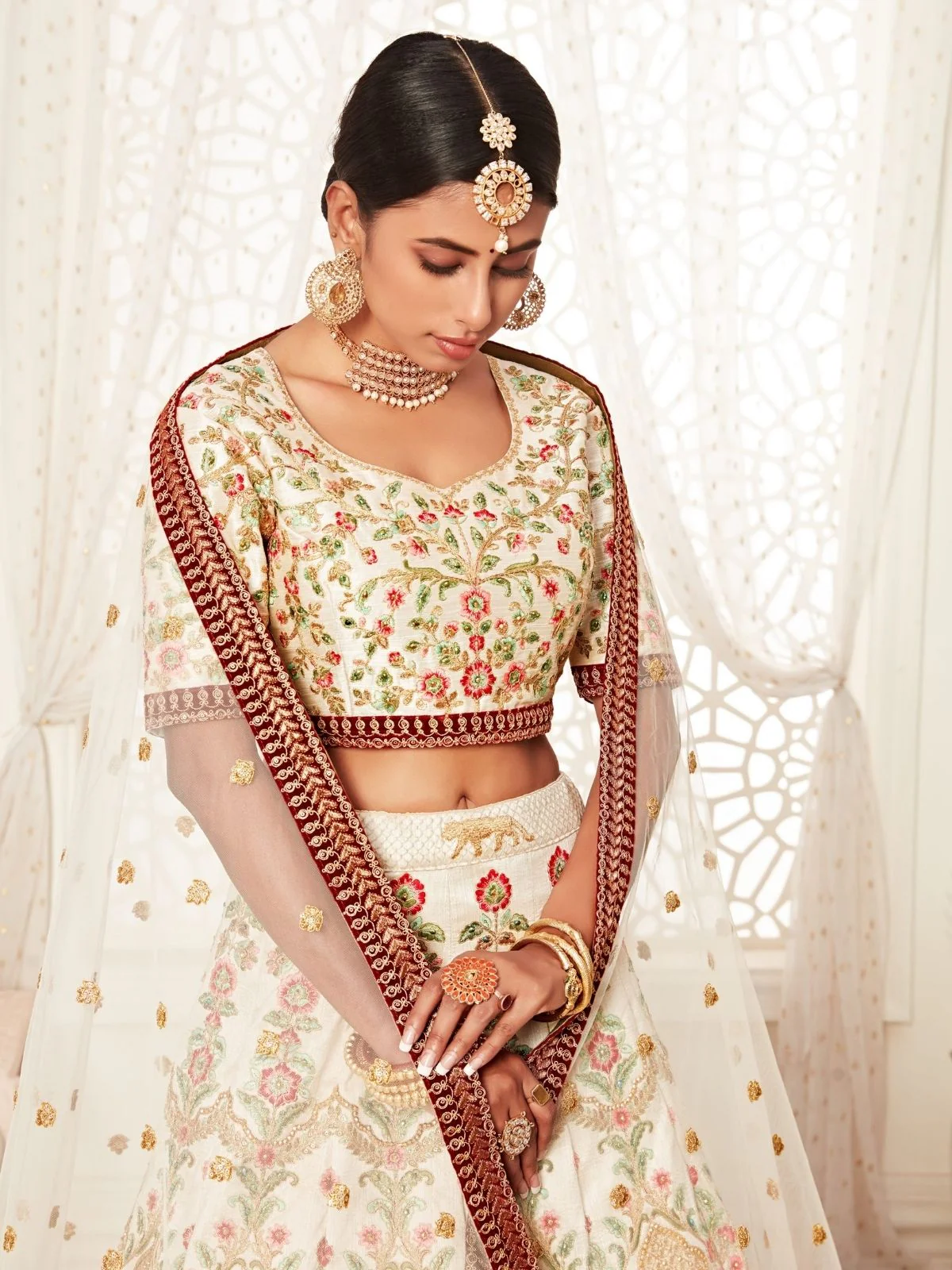 Odette Off White Art Silk Embroidered Semi Stitched Lehenga With Unstitched Blouse For Women - Image 5
