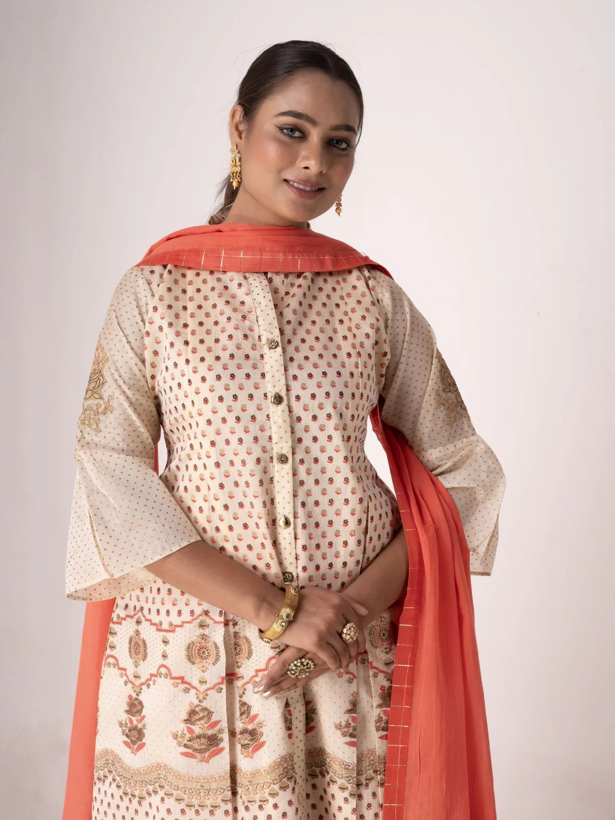 Odette Off White Art Silk Printed And Embroidered Sharara Style Semi-Stitched Kurta Set For Women - Image 4