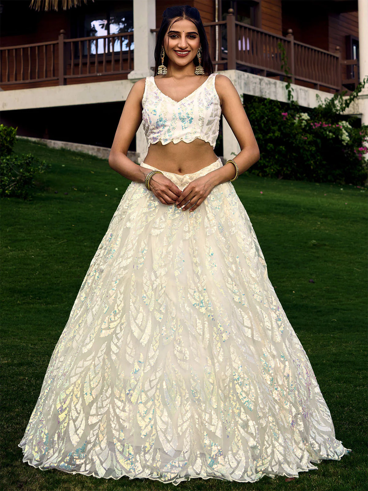 Odette Off White Blue Soft Net Embellished Semi Stitched Lehenga With Unstitched Blouse For Women - Image 3