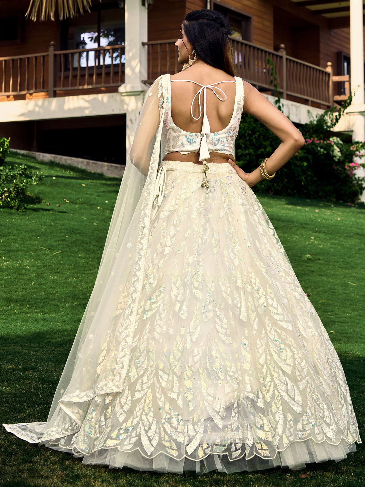 Odette Off White Blue Soft Net Embellished Semi Stitched Lehenga With Unstitched Blouse For Women - Image 4