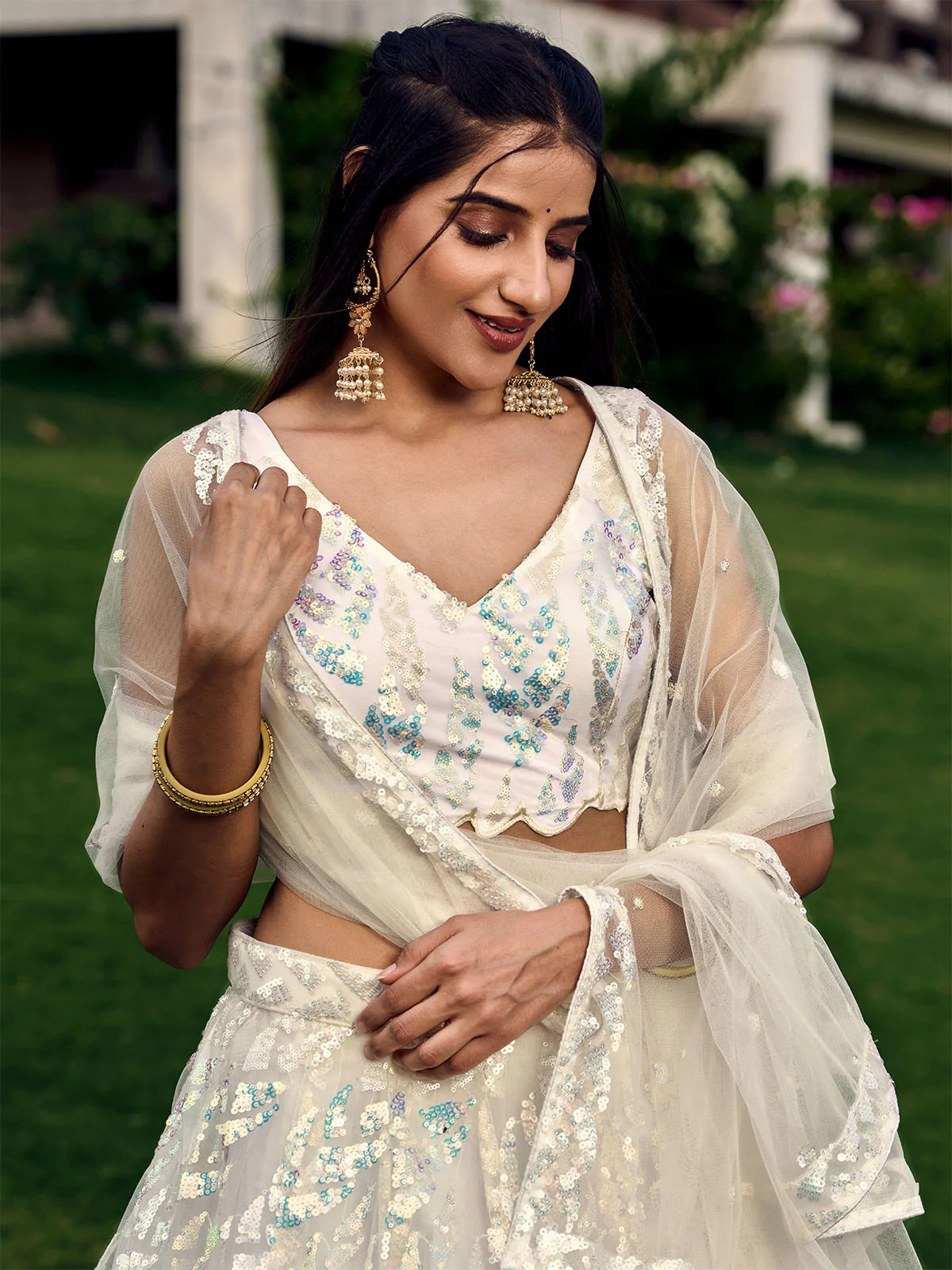 Odette Off White Blue Soft Net Embellished Semi Stitched Lehenga With Unstitched Blouse For Women - Image 5