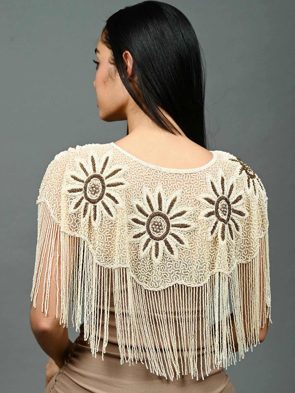 Odette Off White & Brown Net Embellished Cape For Women - Image 4