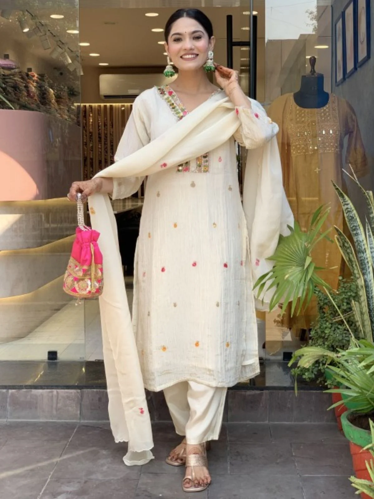 Odette Off White Chinon Embriodered Stitched Kurta Set For Women - Image 2