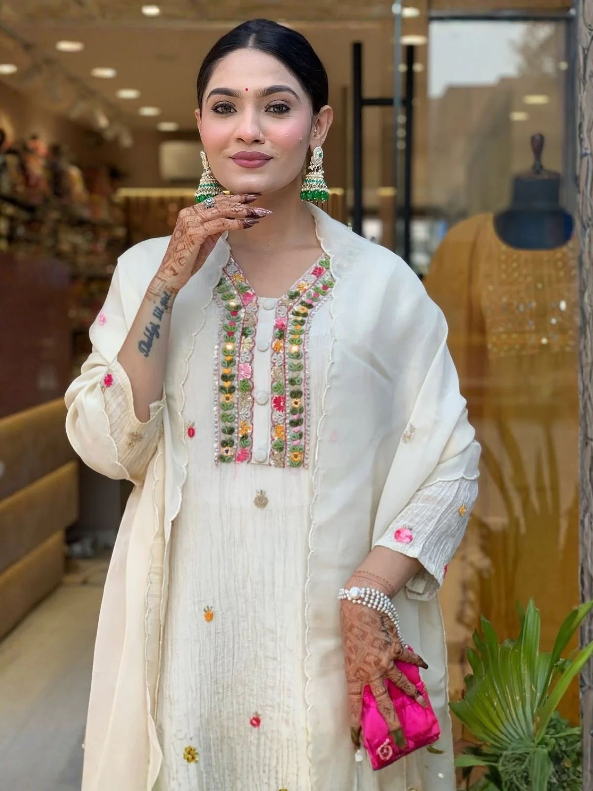 Odette Off White Chinon Embriodered Stitched Kurta Set For Women - Image 3