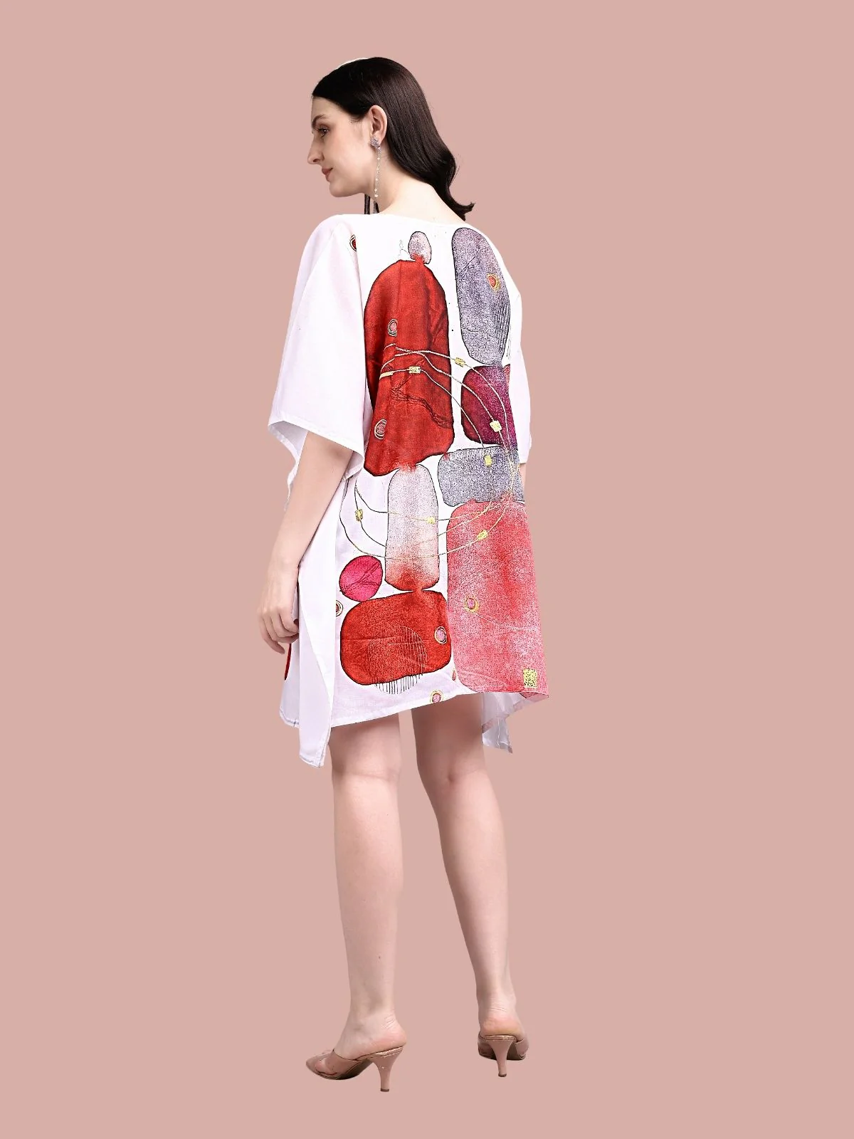 Odette Off White Cotton Blend Printed Kaftan For Women - Image 3
