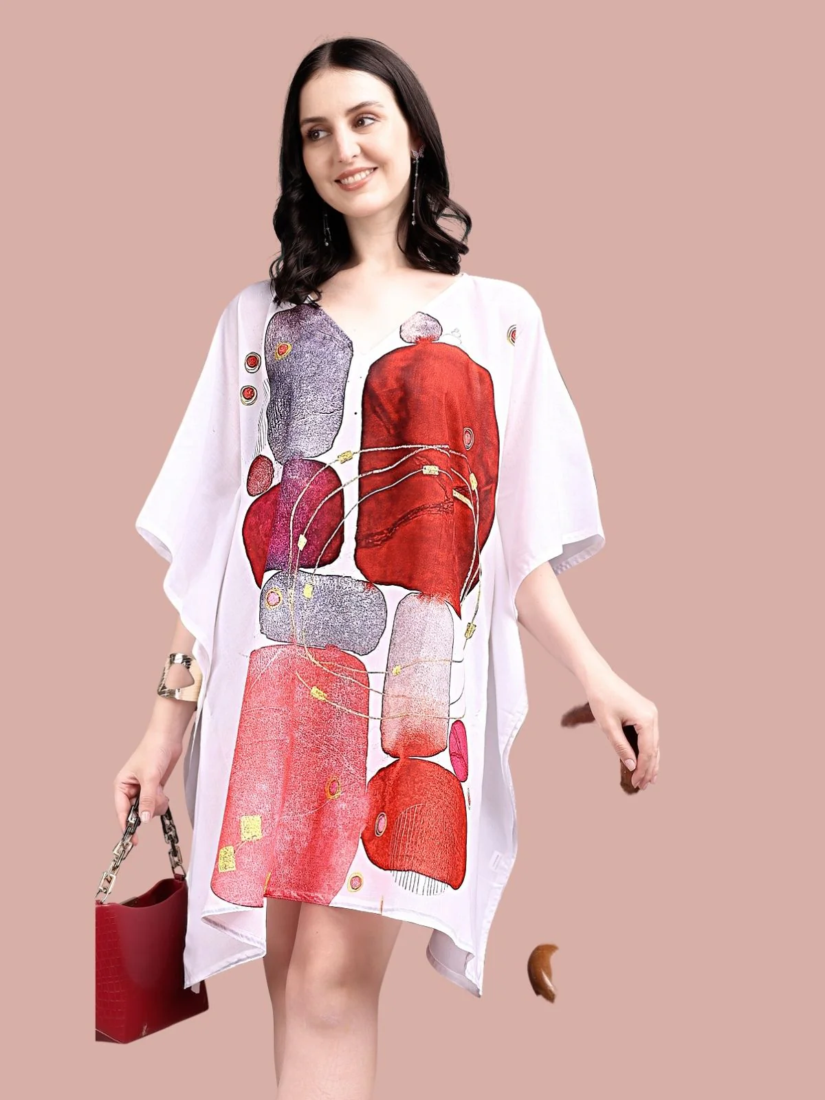 Odette Off White Cotton Blend Printed Kaftan For Women - Image 4
