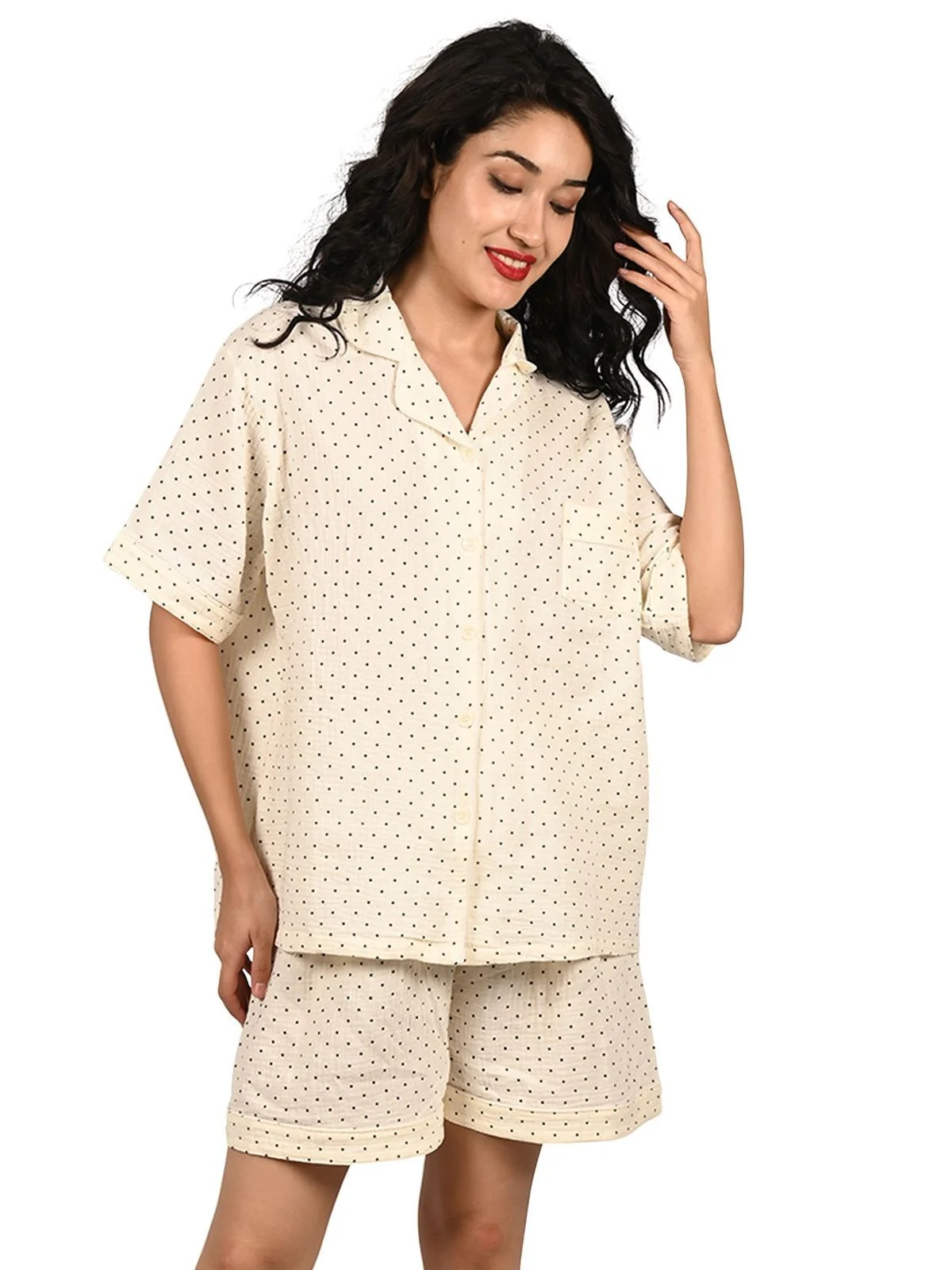 Odette Off White Cotton Blend Printed Night Wear Set For Women - Image 2