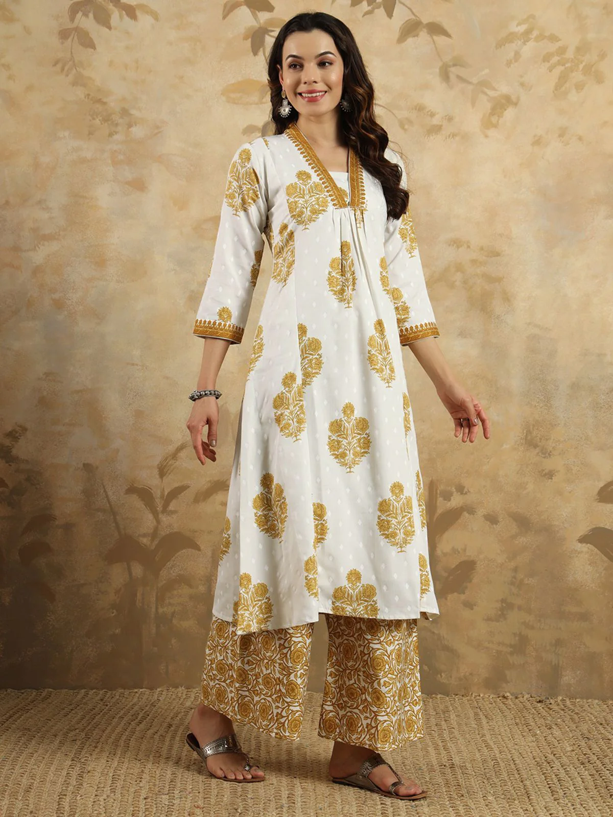 Odette Off White Cotton Blend Printed Stitched KurtaÂ SetÂ ForÂ Women - Image 2