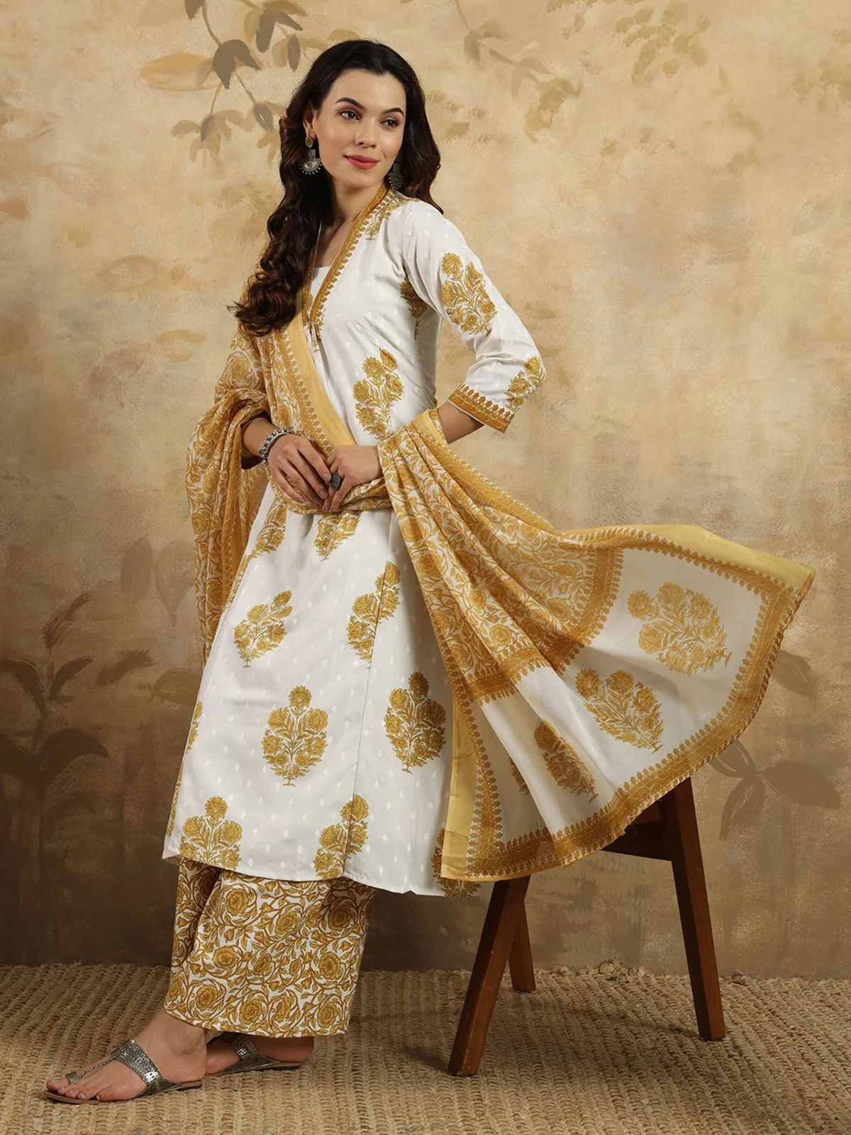 Odette Off White Cotton Blend Printed Stitched KurtaÂ SetÂ ForÂ Women - Image 3