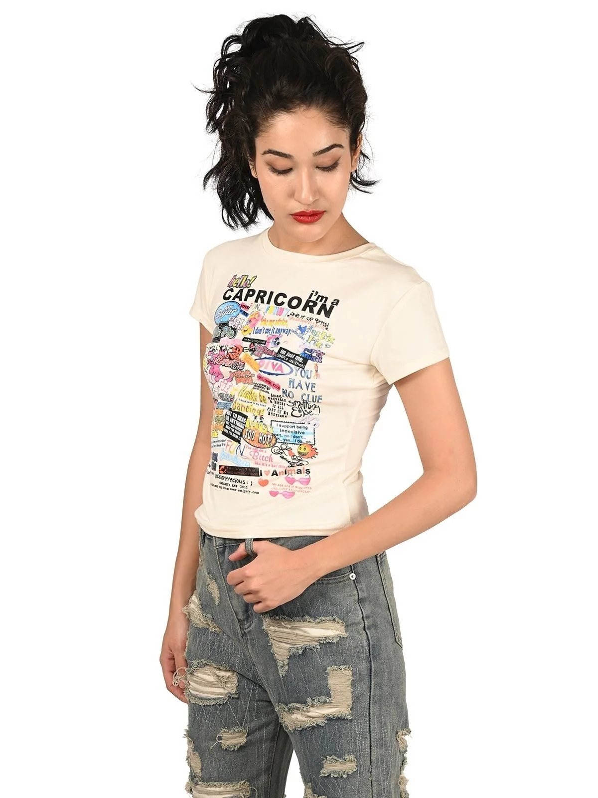 Odette Off White Cotton Knitted Printed Top For Women - Image 3