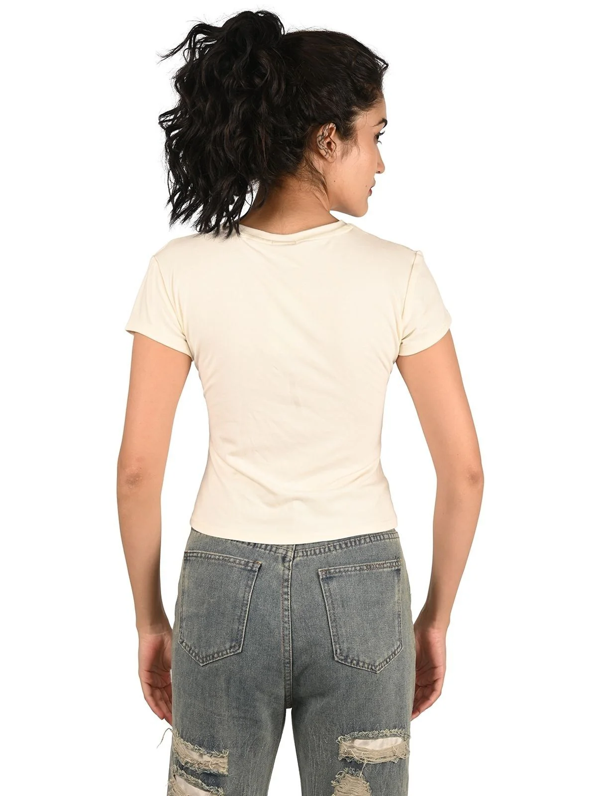 Odette Off White Cotton Knitted Printed Top For Women - Image 4