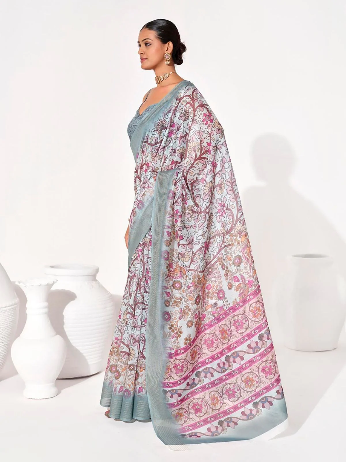 Odette Off White Cotton Linen Solid Printed Saree For Women - Image 2