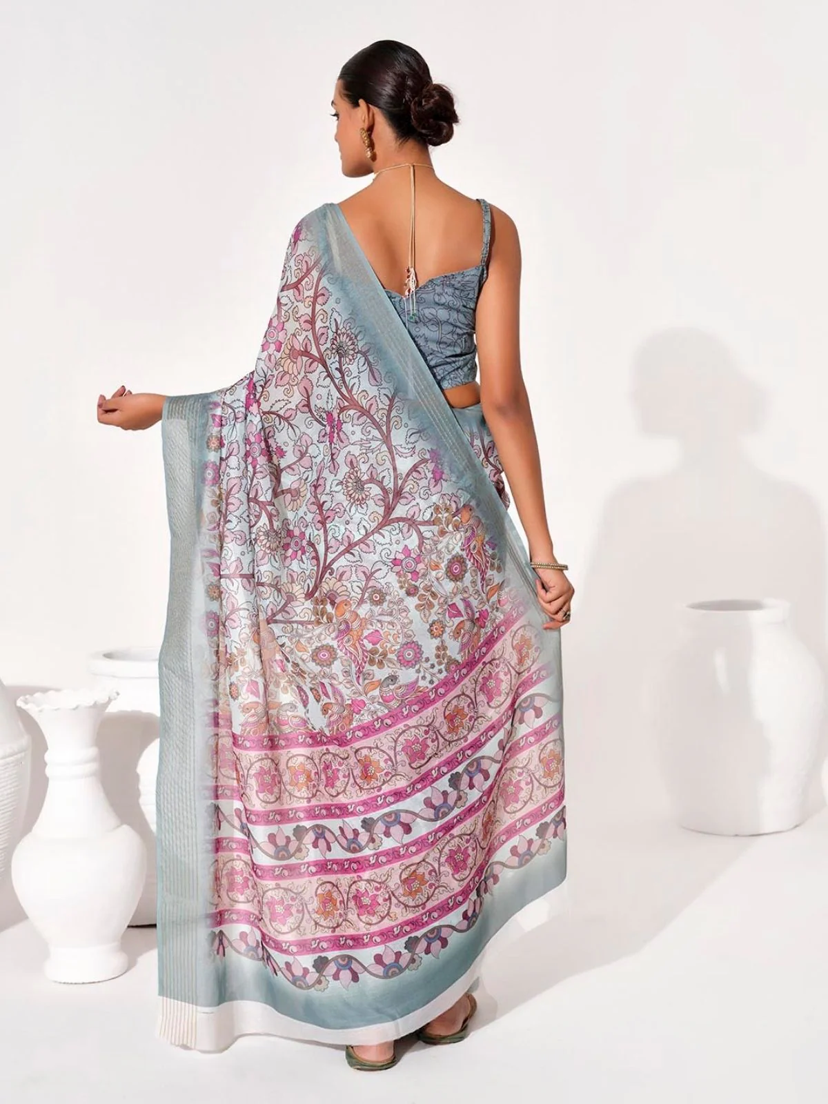 Odette Off White Cotton Linen Solid Printed Saree For Women - Image 3