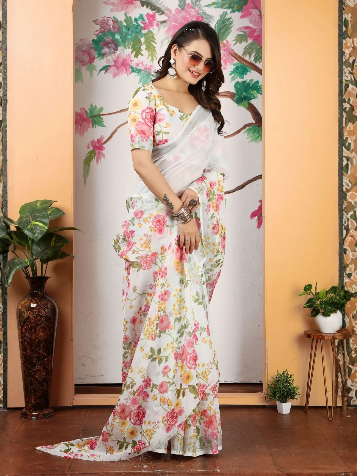 Odette Off White Cotton Linen Solid Printed Saree For Women - Image 2