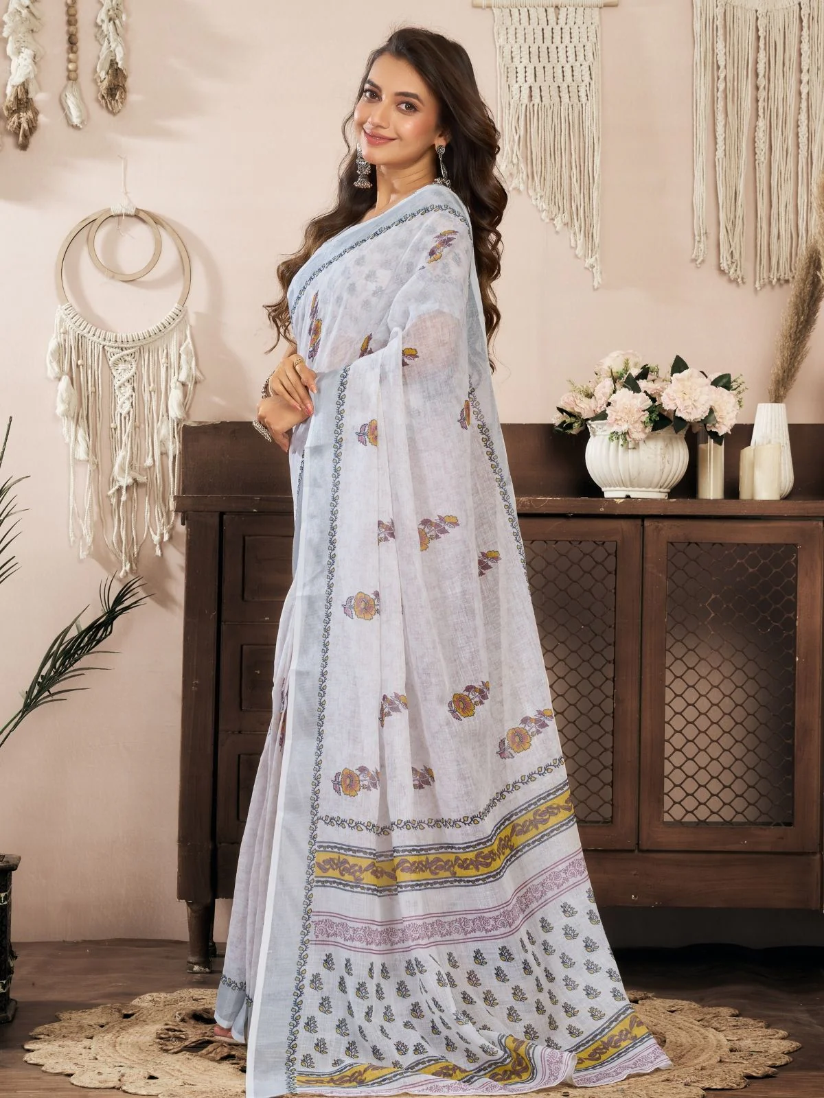 Odette Off White Cotton Linen Zari Work Saree For Women - Image 2