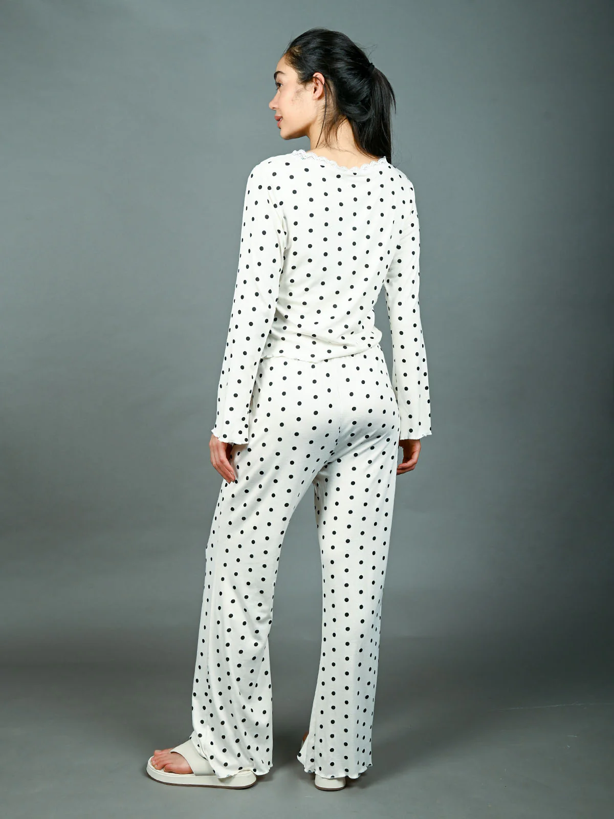 Odette Off White Cotton Rib Polka Dots Night Wear Set For Women - Image 4
