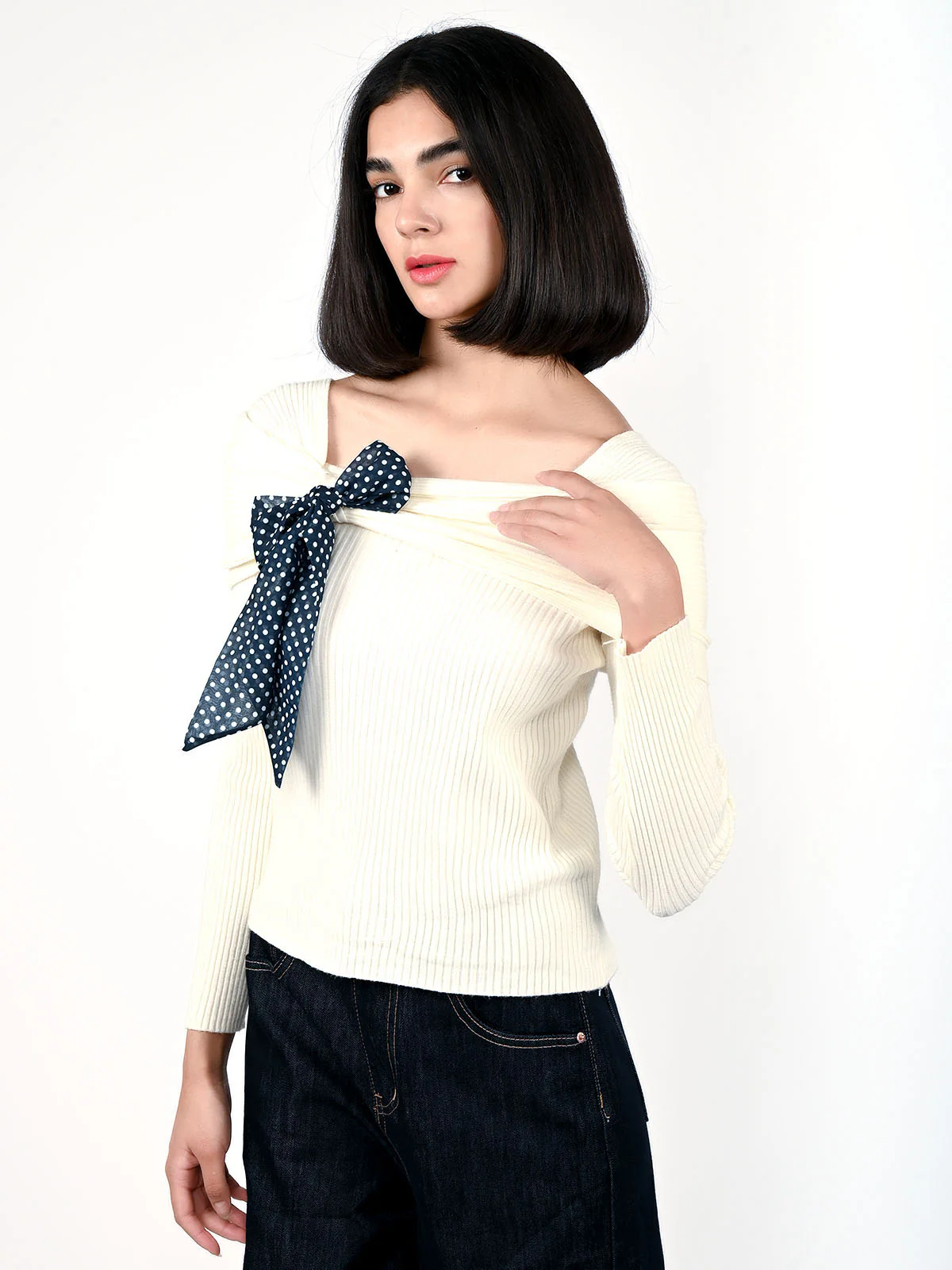 Odette Off White Cotton Rib Solid Top For Women - Image 2